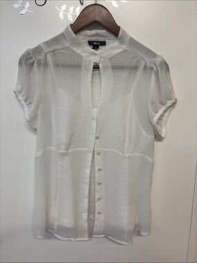 BCX White Sheer Short-Sleeve Button Front Blouse